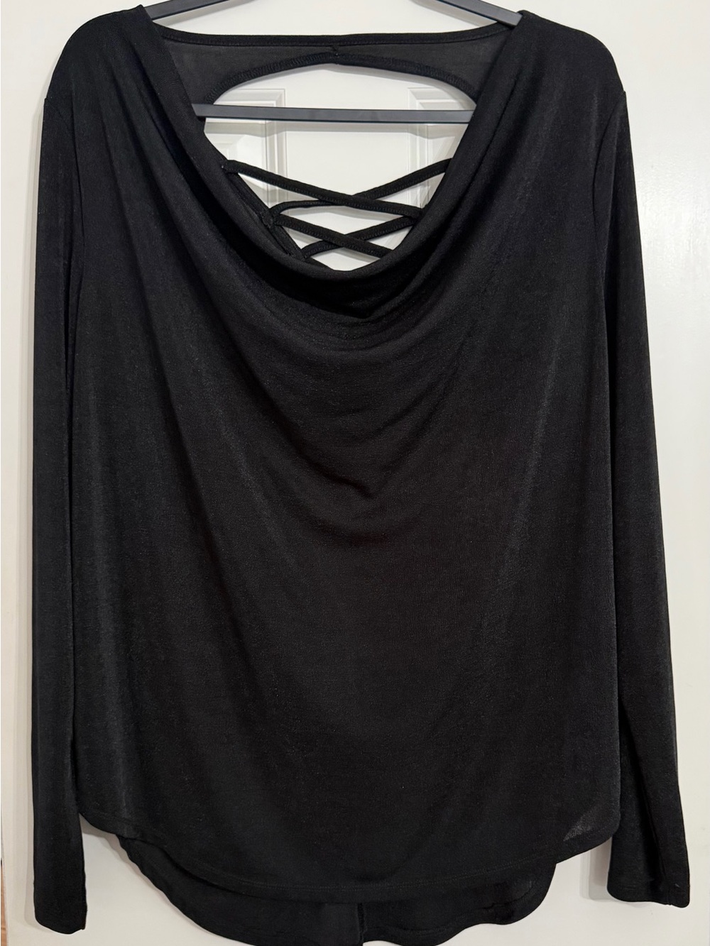 Maurices Black Long-Sleeve Top with Draped Cowl and Crisscross Back